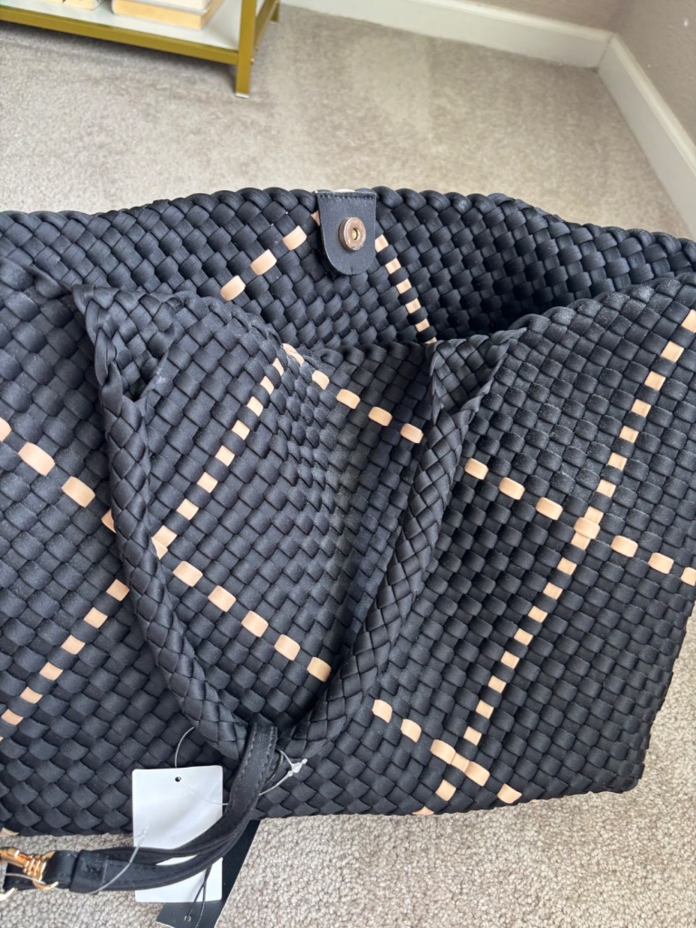 Black and tan woven summer tote with mini bag inside - Picture 2 of 6